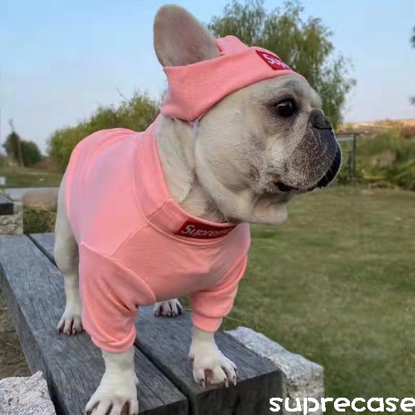 可愛い シュプリーム 犬服 帽子付き 犬の服 犬洋服 パーカー Tシャツ ウェア 犬トレーナー/プルオーバー ペット服 ドッグウェア 2点セット