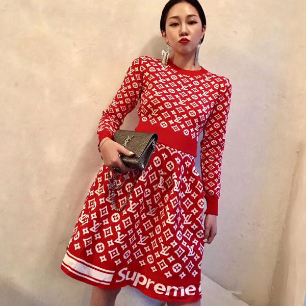 ブランド ワンピース 秋冬 ニット supreme ルイヴィトンコラボ レディース ニットワンピ エレガント 赤と黒 彼女、奥様のプレゼントとして最適