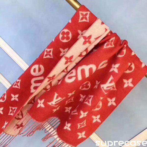 ヴィトン シュプリーム ストール ペアお揃い supreme冬マフラー スカーフ モノグラム メンズ レディース Scarf マフラー レッド  ユニセックス クリスマスプレゼント 180x35cm　ミンクカシミア