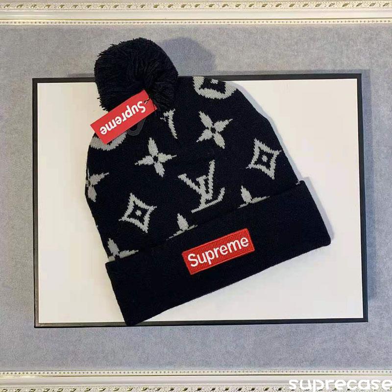 supreme ヴィトンコラボ ニット帽子 ブラント LV モノグラム ニット帽 ニットキャップ シュプリーム 刺繍 ロゴ 帽子ニットワッチ カシミヤ  メンズ レディース 定番 秋冬 お洒落