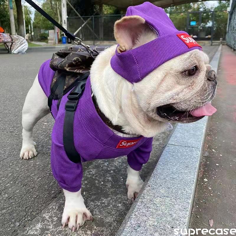 可愛い シュプリーム 犬服 帽子付き 犬の服 犬洋服 パーカー Tシャツ ウェア 犬トレーナー/プルオーバー ペット服 ドッグウェア 2点セット